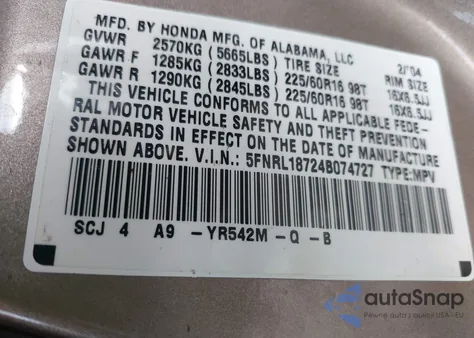 2004 Honda Odyssey Ex-L z USA, uszkodzony, nr VIN 5FNRL18724B074727